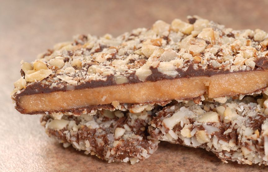 14255923 delicious dark chocolate english toffee with chopped pecan nuts